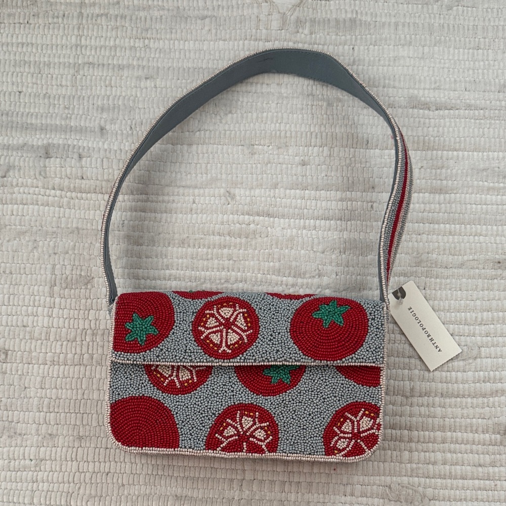 Anthropologie Gray and Red Shoulder Bag with Festive Design